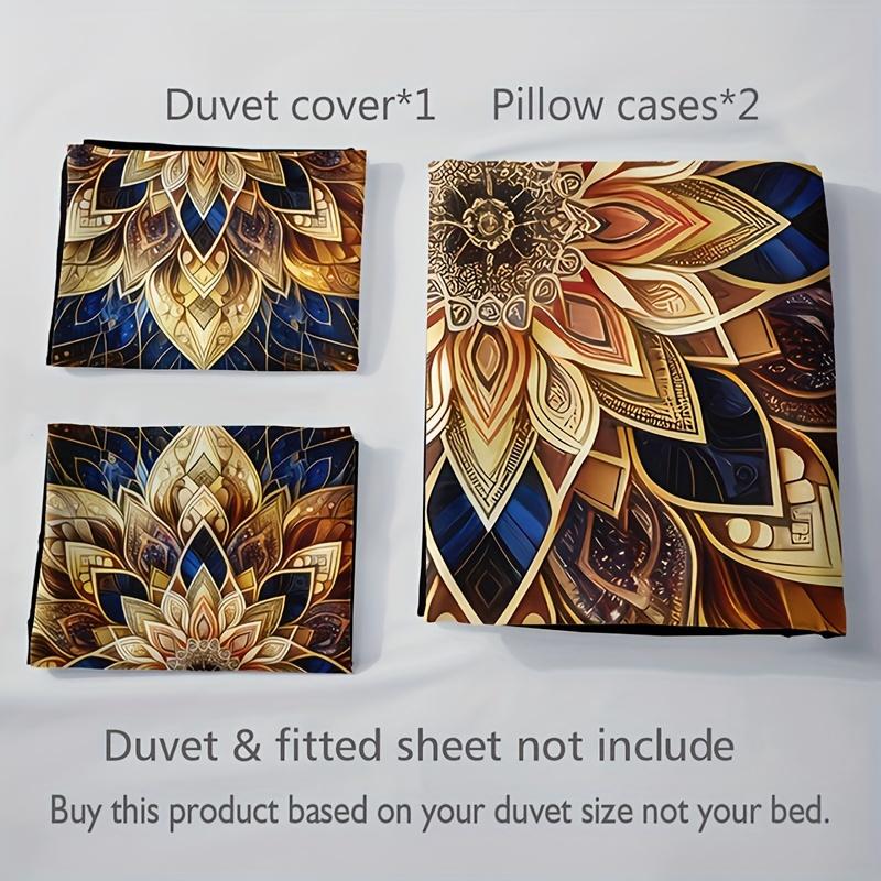 Golden Mandala Floral 3-Piece Duvet Cover Set with 2 Pillowcases - Breathable Polyester, All-Season Amazing Theme Floral