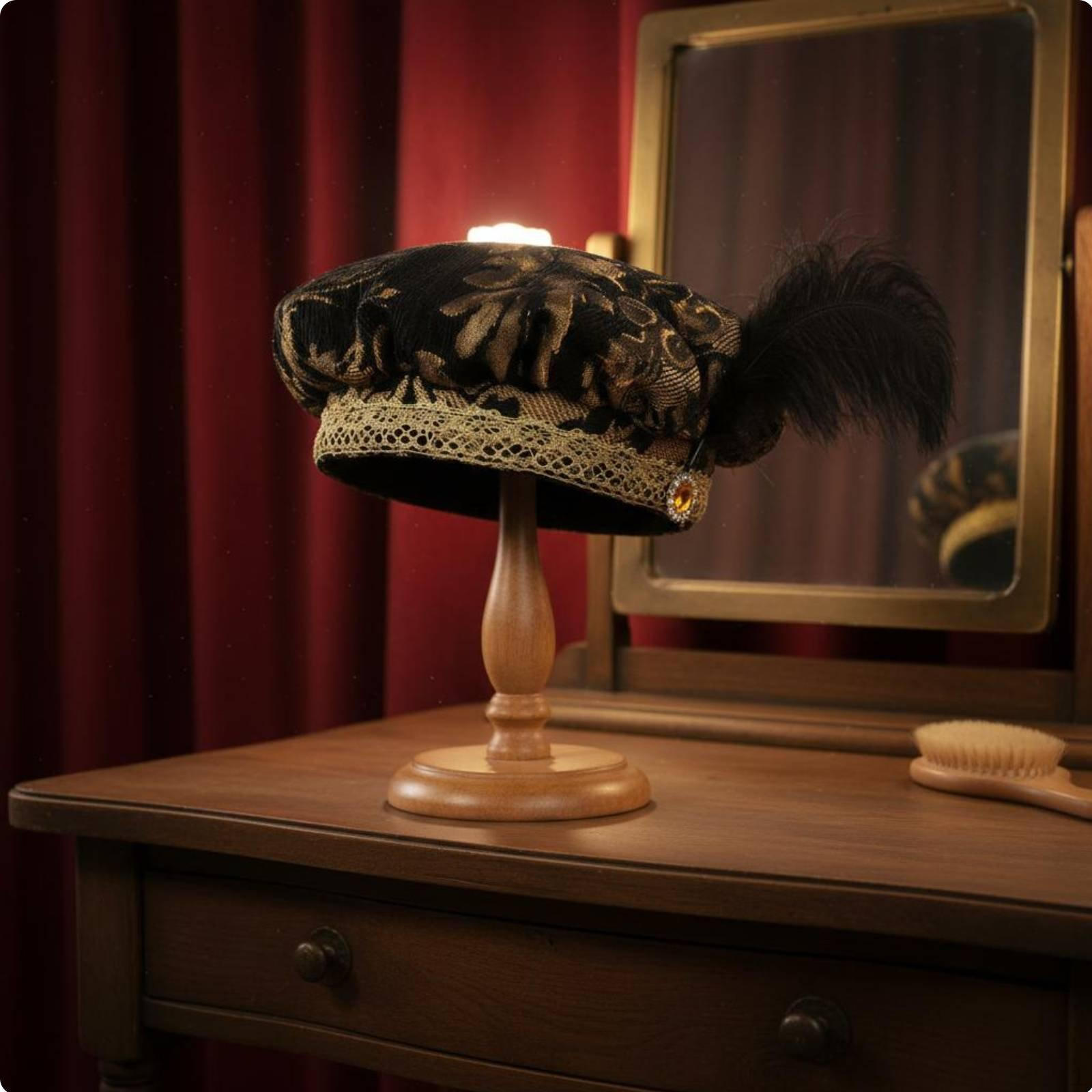 Feathered Medieval Hat Feather decor Historical Muffin Cap Ornate Trim Flat for