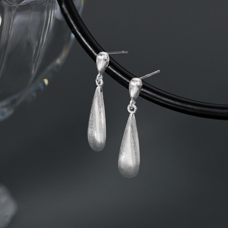 Sterling Silver Brushed Water Drop Earrings For Women Light Luxury Jewelry