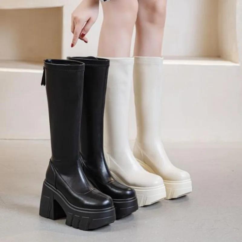 Mode 11CM Mikrofaser Römische Frühling Kniehohe Stiefel Damen High Top Herbst Winter Damen Synthetisches Leder Plateau Keilabsatz Damen Schuhe