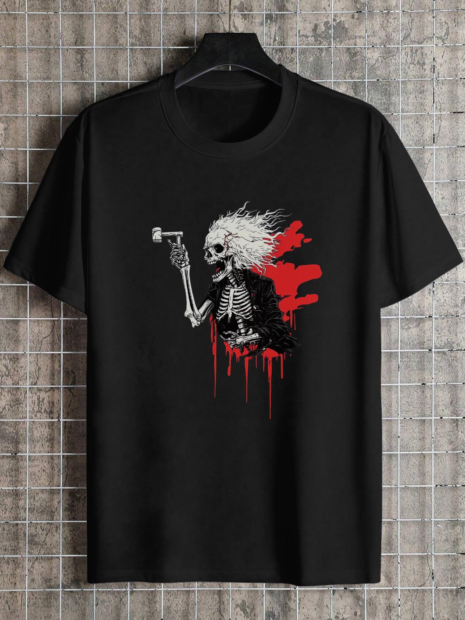 

1pc Skeletal Aggressive Graphic T-shirt - 180g Cotton Crew Neck Short Sleeve Tee with Bold Red Drip Design XXXXL