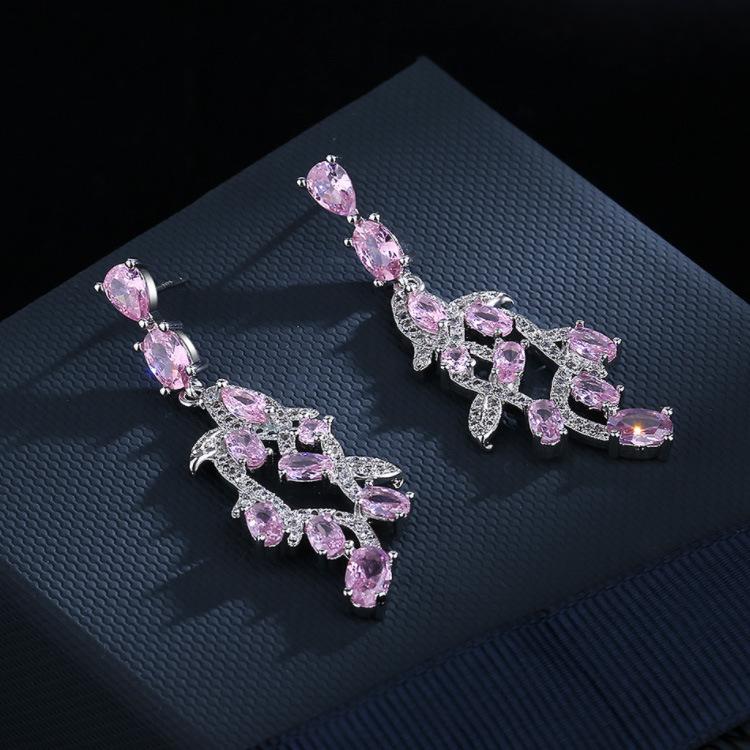 Nya Japanska och Koreanska Zirkon Rosa Blad Örhängen Långa Festörhängen