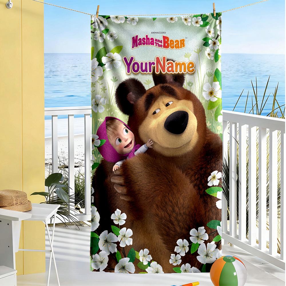 Masha Bear Customizable Name Beach Towel Super Soft Microfiber Quickdry Fabric Portable for SwimmingBeachCamping Travel Beach AccessoriesGym