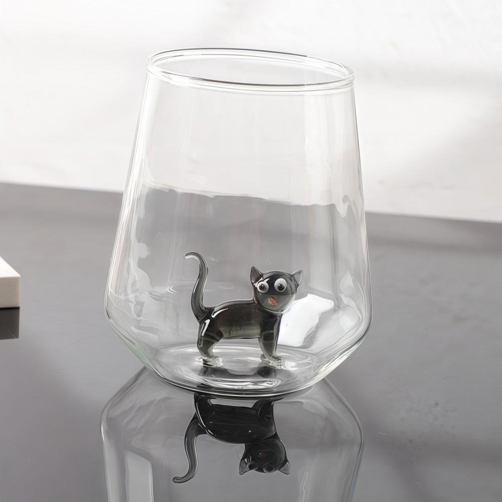 

Cute 3D Cat Figurine Glass Cup Stemless Handmade Cat Wine Glass Unique Transparent Coffee Cup For Milk Beer