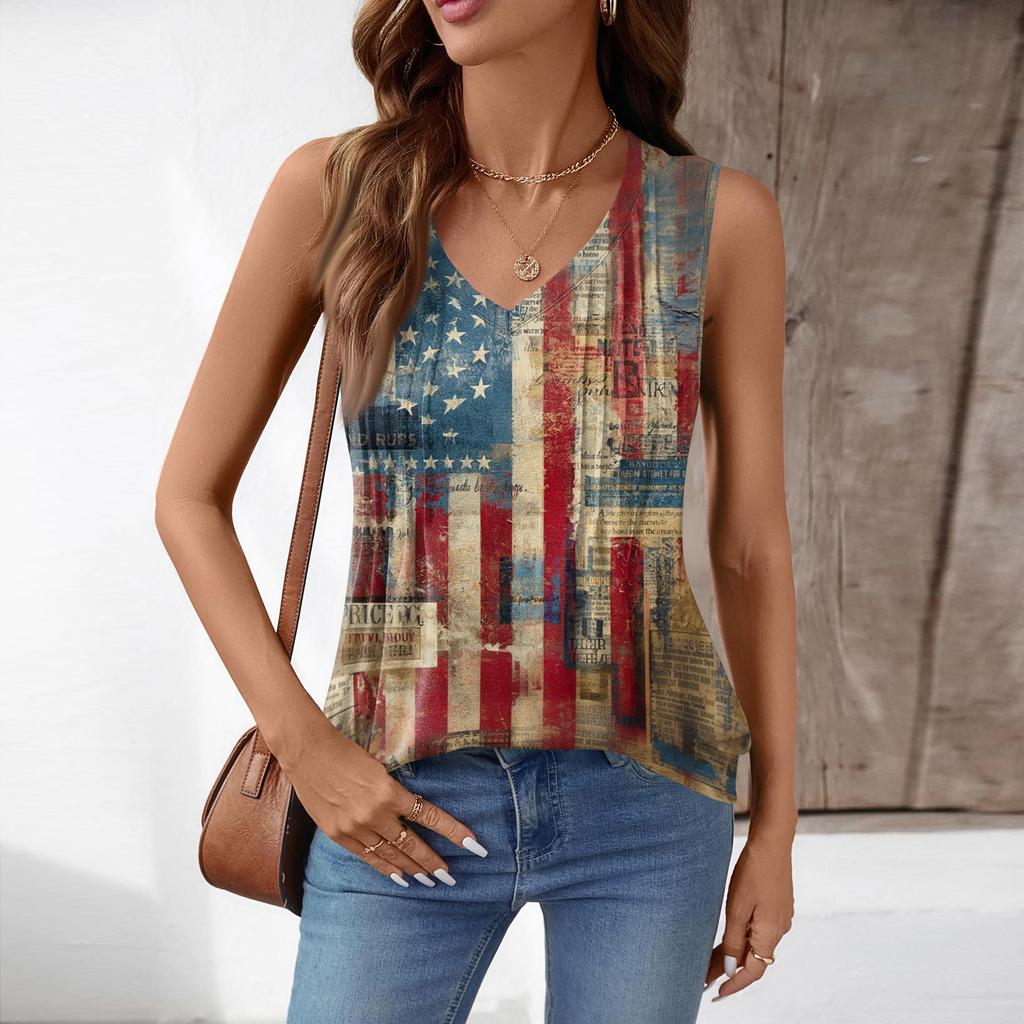 Women’s Loose Fit V Neck Sleeveless Pleated Tank Top with Star Print Casual Summer Independence Day Style Shirt