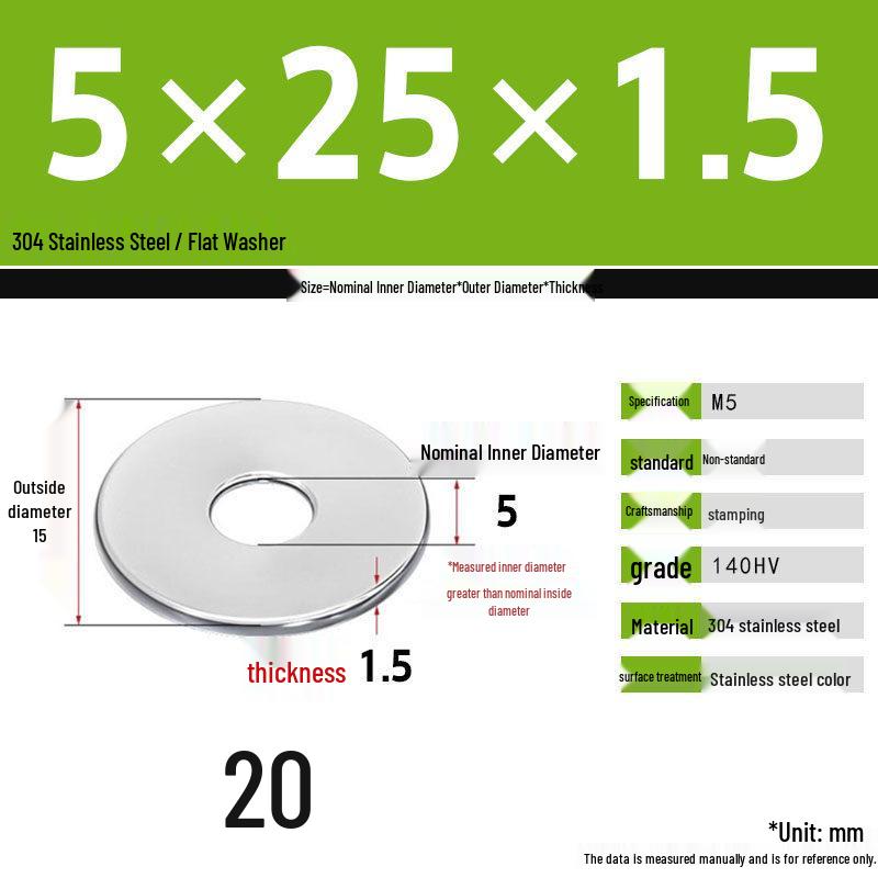 304 Stainless Steel Thickened Flat Washer Set, Sizes 2-36