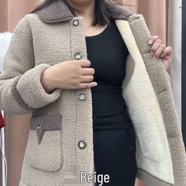 Lambswool Faux Fur Lined Loose Fit Mid-Length Women's Winter Coat, 2025 Autumn/Winter Collection