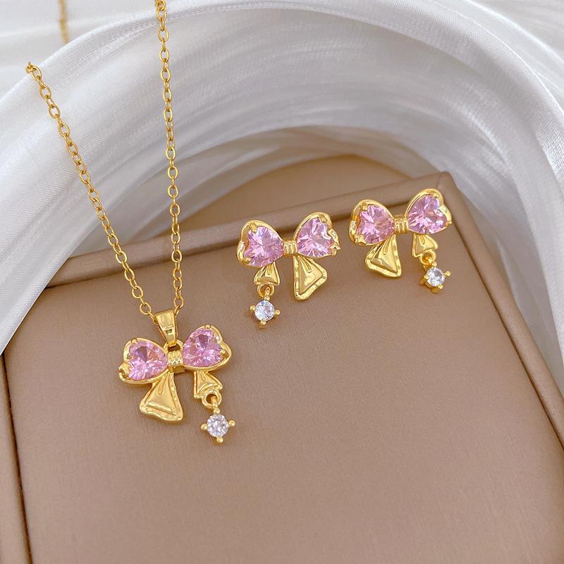 Titanium Steel Pink Zircon Bow Slightly Inlaid Zircon Amethyst Four-Leaf Flower Pendant Titanium Steel Collarbone Chain Jewelry