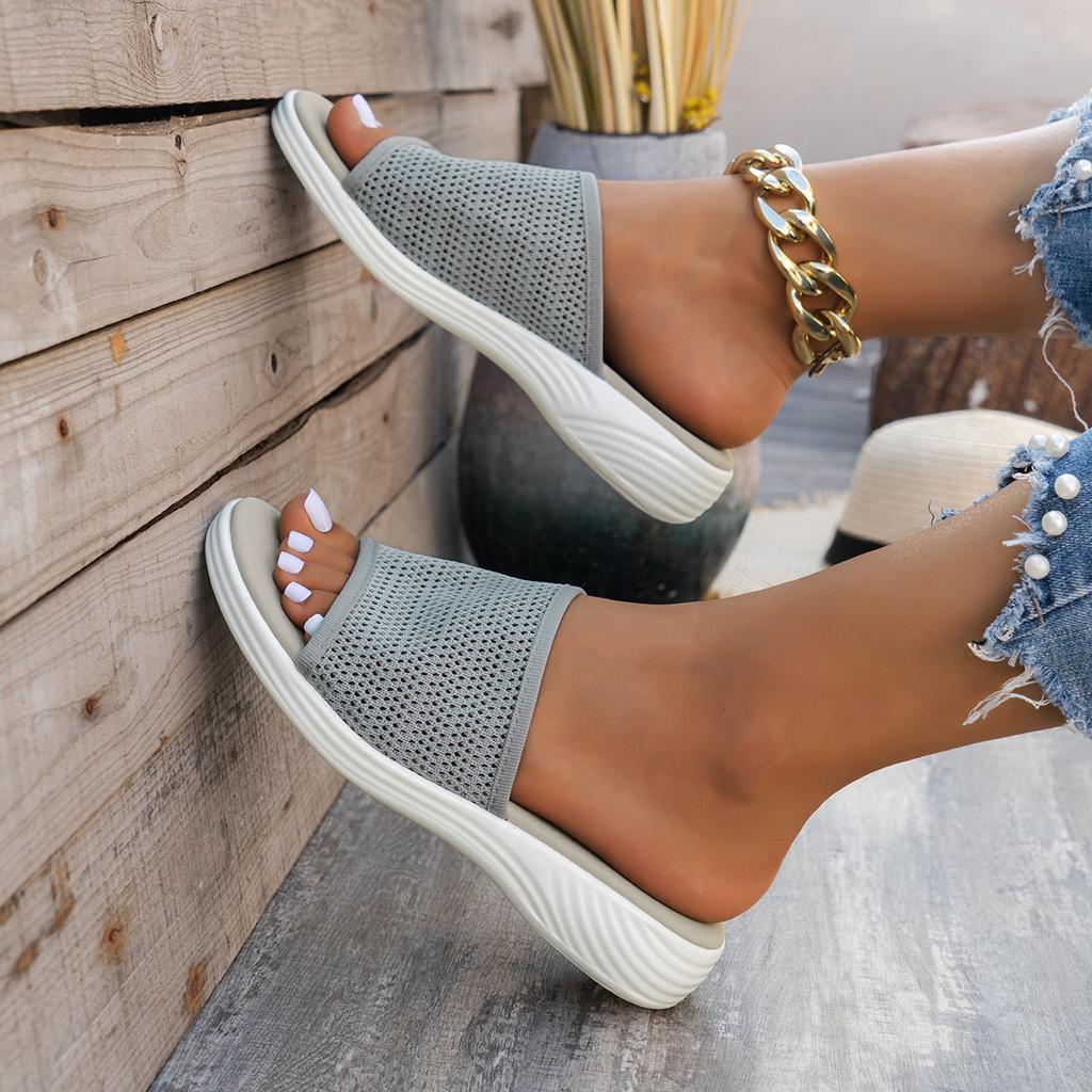 Flat Bottom Slippers Women Summer Round Head Mesh One Word Outer Wear Breathable Casual Sandal Slippers
