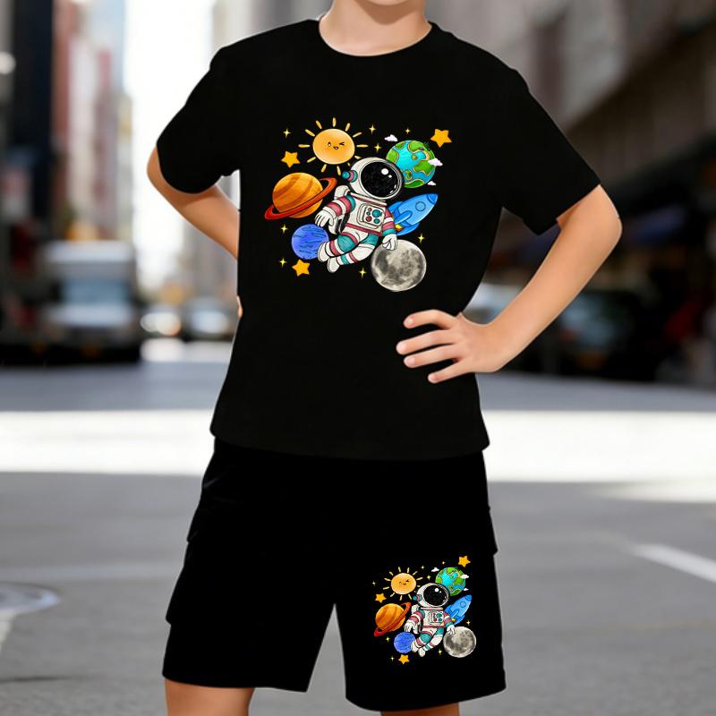 

Boys 2 Piece Cosmic Space Themed Printed Outfit, Short Sleeve T-Shirt and Shorts Set for Kids Age 5-14,Black and White Sporty Casual Summer Clothes 5-6 Years чёрный