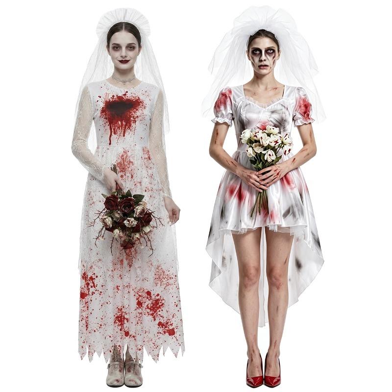 Halloween ghost bride costume, blood-stained white wedding dress, horror-themed party stage performance costume