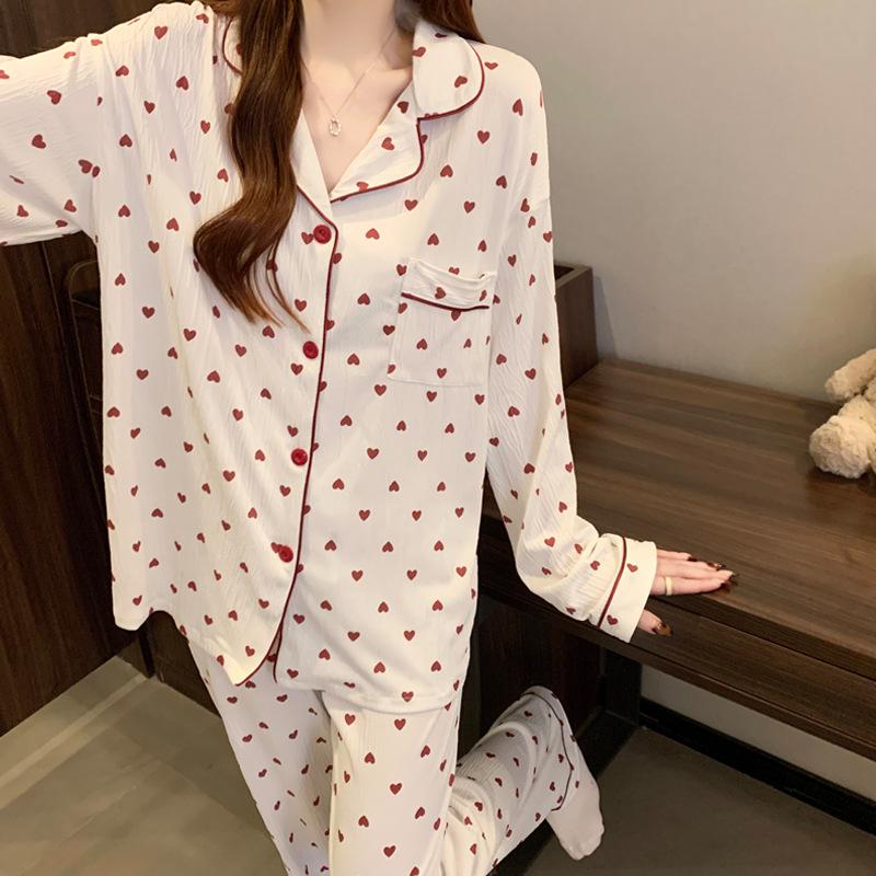 Women's Crinkled Fabric Long-Sleeve Pajama Set – Soft, Fluffy, Heart Design, Wearable Outside.