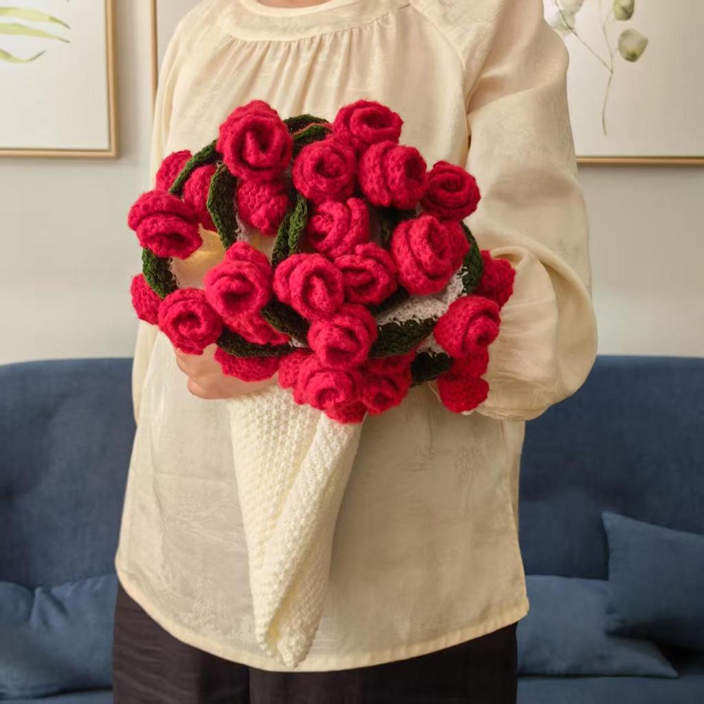 Handmade Knitted Rose Bouquet Round Crochet Flower Blanket