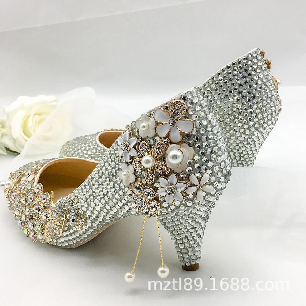 2025 silver rhinestone peacock high heels 5cm round head shallow mouth crystal women's shoes