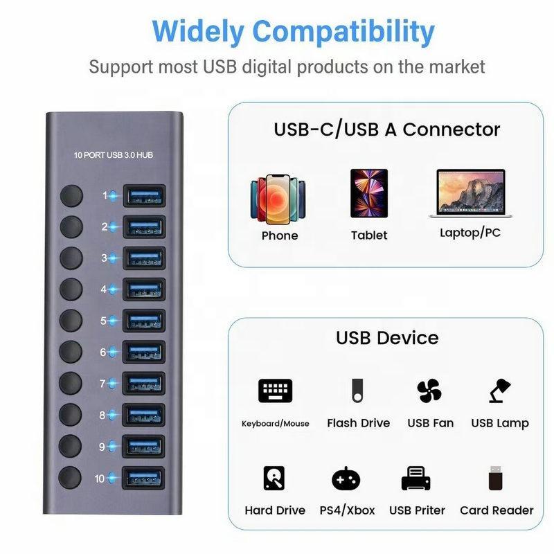 Powered USB 3.2 10-Port Hub with Individual On/Off Switches 12V Power Adapter Aluminum Alloy Laptop PC in Stock 10Gbps USB-A 3.0