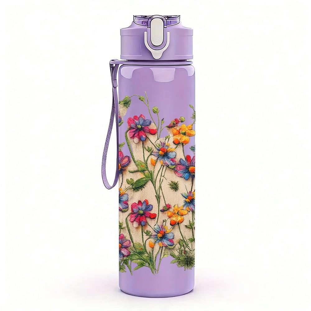 1PC Wild Mixed Garden Flower Bouquet Print 750ml Color Plastic Sports Water Bottle Leakproof Flip Straw Lid Suitable for Sports Office Home Use