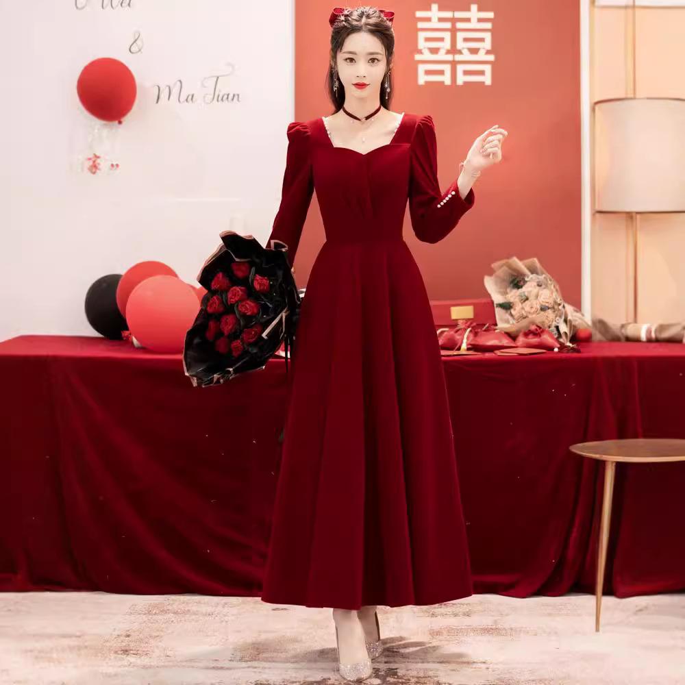 New Toast Clothing Bride Autumn and Winter Long Sleeve Wedding Engagement Dress Dress Red Atmospheric Return Door Clothing Women