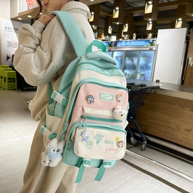Contrasting Color Junior High School Students' Large Capacity Schoolbags  Female High School Students' Shoulder Bags  Balloon Badges and Backpacks