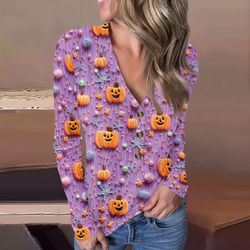 Lässiger Pullover mit V-Ausschnitt und Halloween-Print für Damen