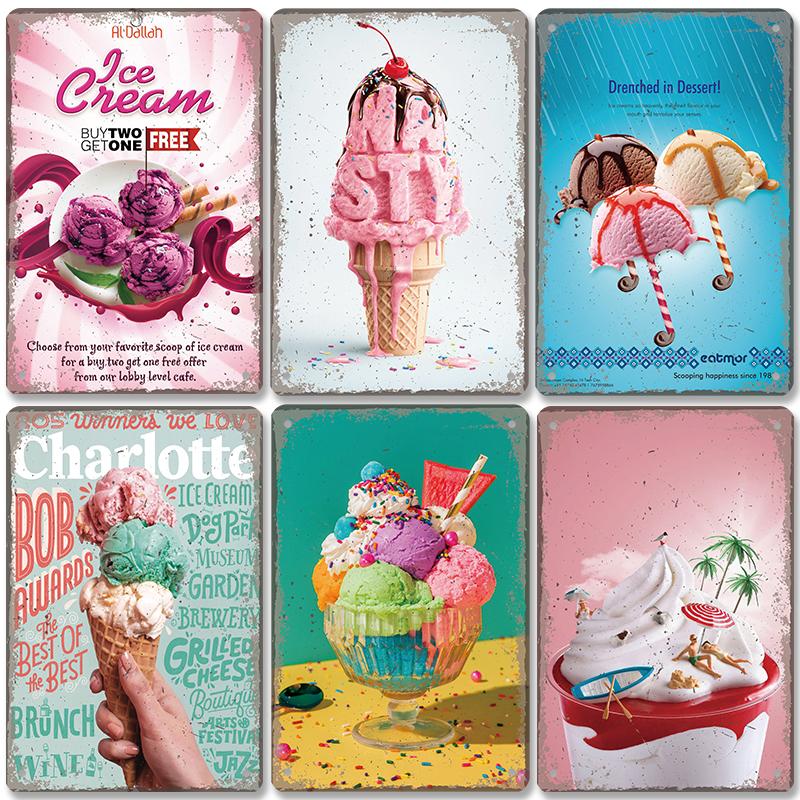 Summer Dessert Poster Vintage Metal Sign Ice Cream Cone Charlotte Metal Tin Plate Wall Decor for Cafe Shop Kitchen Living Room