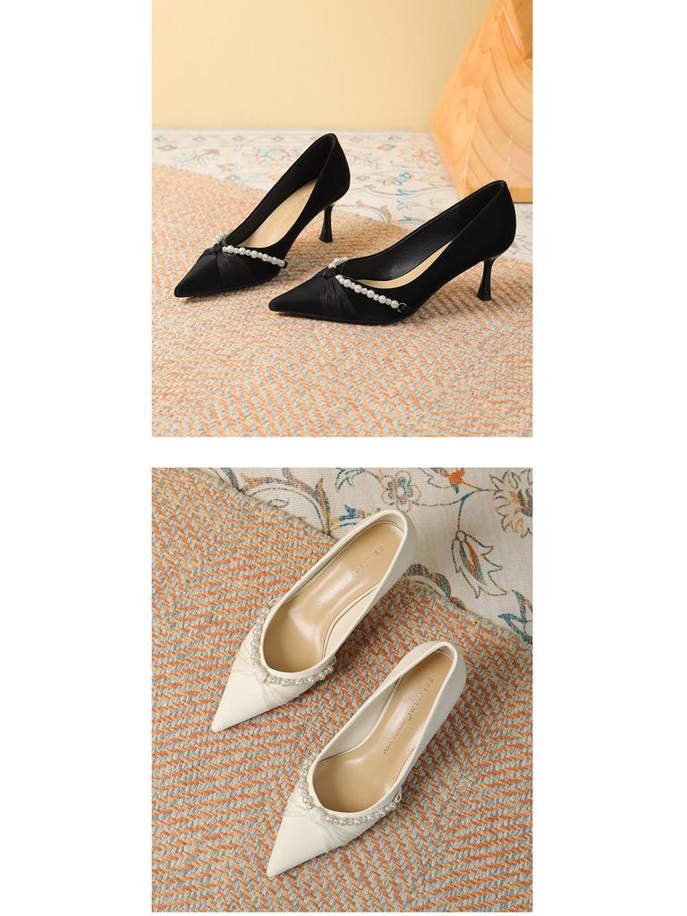 Knotted Pearl Xiuhe Bridal Shoes: Women's Silk Sheepskin High Heel Stilettos with Pointed Toe