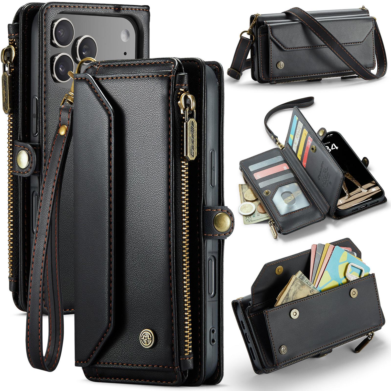

For iPhone 17 Pro Max Leather Case CASEME C36 Zipper 10 Card Slots Phone Cover with Straps