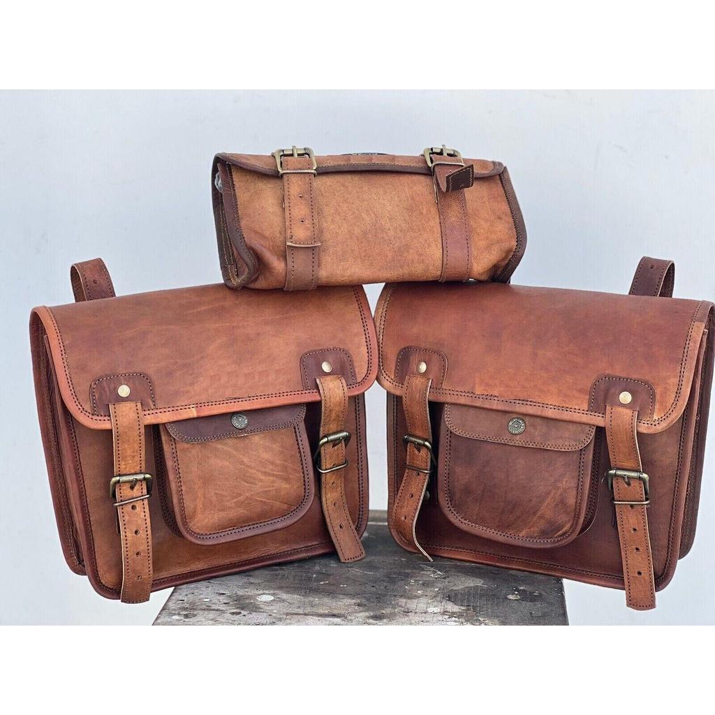 3 braune Seitentaschen aus Lammleder, Kombi-Set für Motorrad-Satteltaschen
