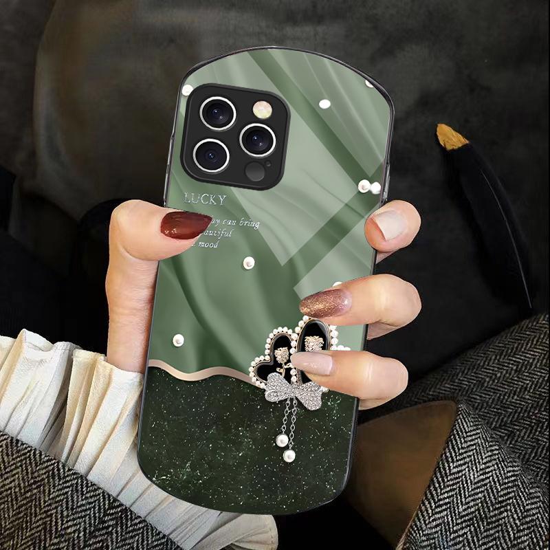 

Diamond Love Knot For IPhone 16 Pro Max 11 12 Mini 13 14 P Lus 15 Plus 7 8 Se 2020 X Xs Elliptical Tempered Glass Phone Case For iPhone 16 Promax