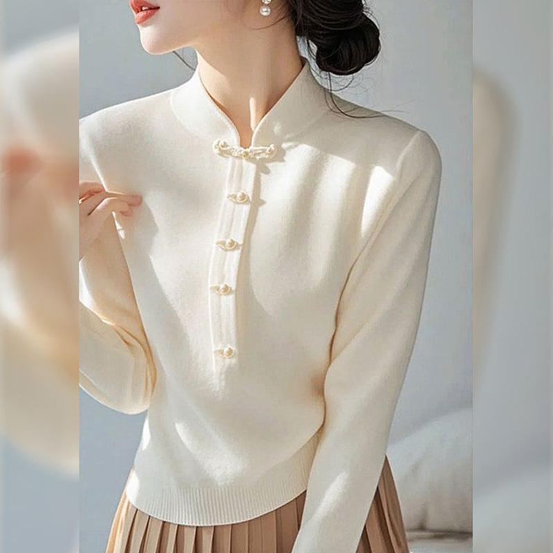 Women's Spring 2025 Chinese Buttoned Sweater - Stand Collar, Versatile National Style