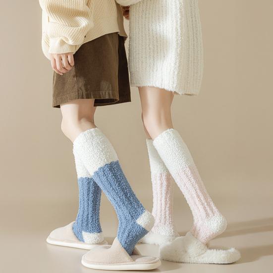 Fuzzy Knee High Socks Women Fluffy Warm Knee Socks Color Socks Leg Warmers Block Thick Winter