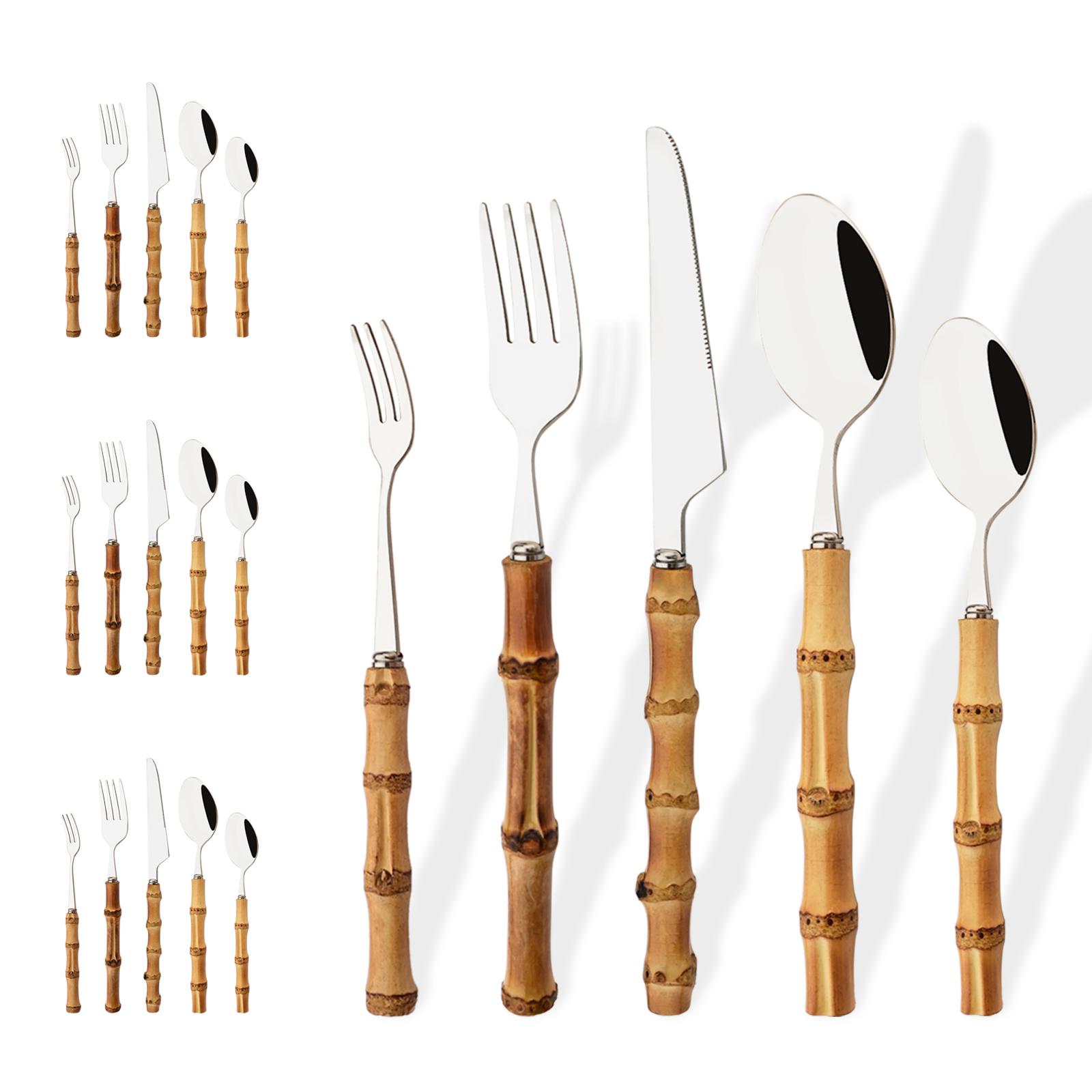 

Bamboo Handle Flatware Set, Stainless Steel Silverware Set Knives Forks Spoons Cutlery for Wedding Home Restaurant Party, 20 PCS Service for 4 People серебряный