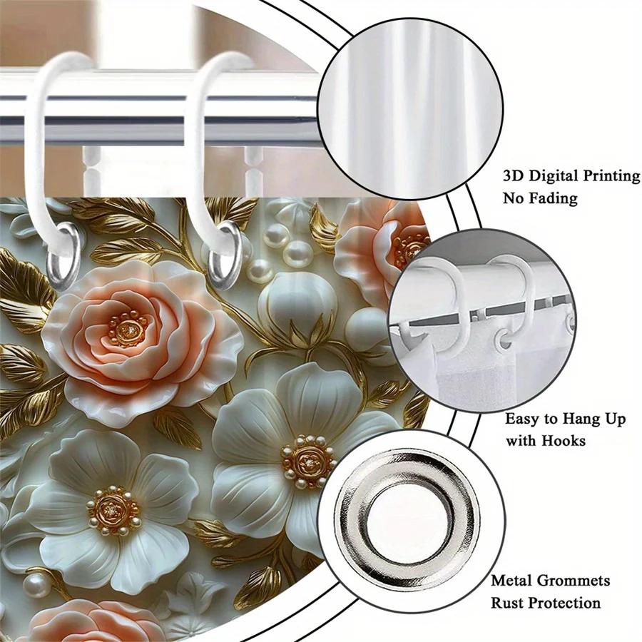 Baroque Roses Shower Curtain - Peach & Ivory, 3D Floral Art, White Background, Machine Washable, 12 Hooks, Elegant Bath Decor