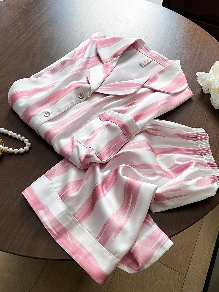 

2025 Women s Striped Silk Pajama Set, Short Sleeve & Shorts, Lightweight Mulberry Silk Loungewear for Summer XL розовый