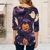 Women s Plus Size White Round Neck 3 4 Sleeve Halloween Ghost Pumpkin Printed Curved Hem T Shirt