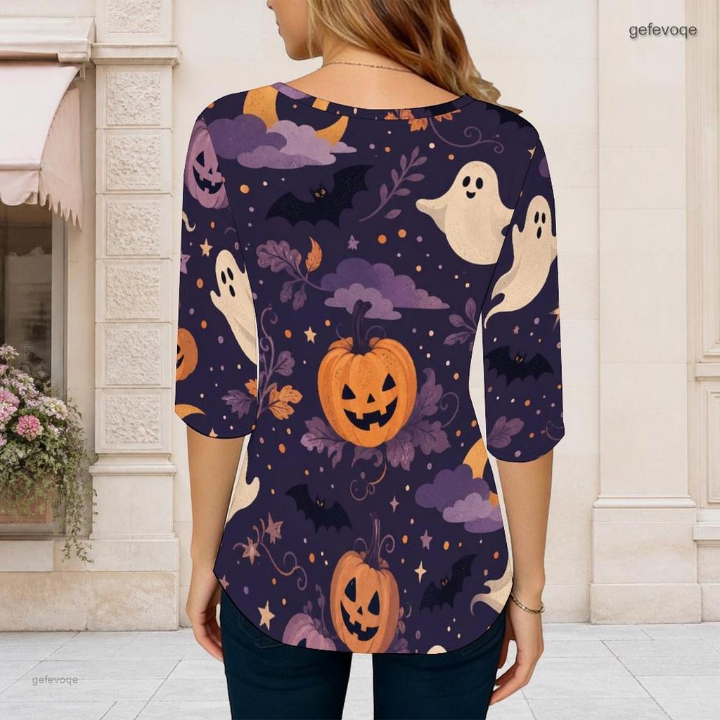 Women s Plus Size White Round Neck 3 4 Sleeve Halloween Ghost Pumpkin Printed Curved Hem T Shirt