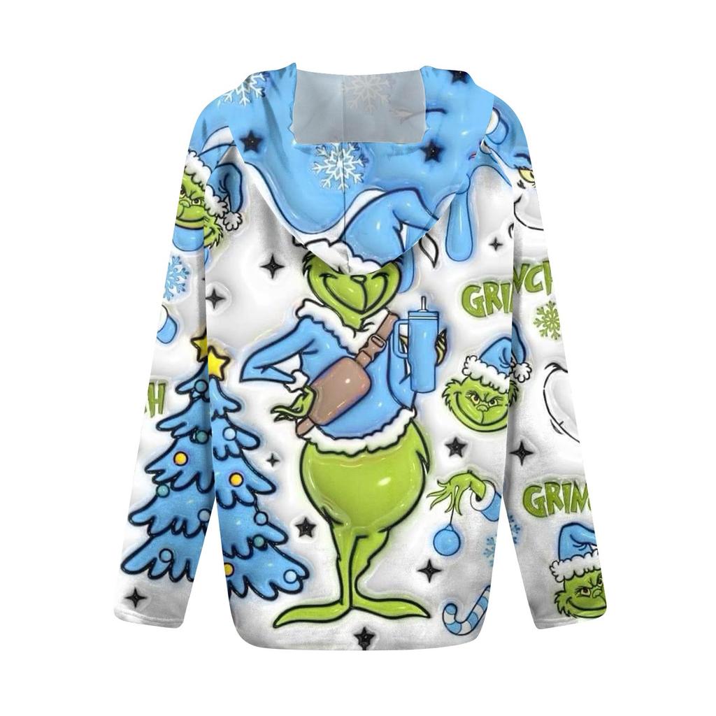 Dámská móda Vánoční potisk Ležérní rozepínací bunda s dlouhým rukávem a kapucí