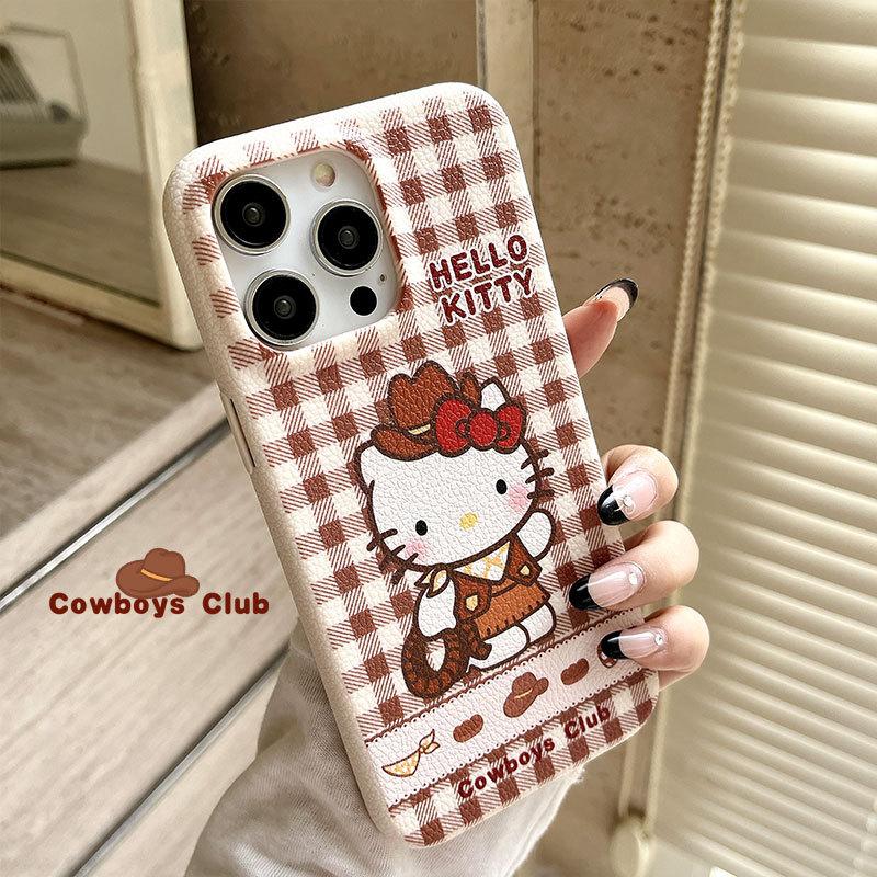 New Checked Denim Kt Cat Suitable for Iphone16promax Leather Pattern Apple 15 Protective Cover 14