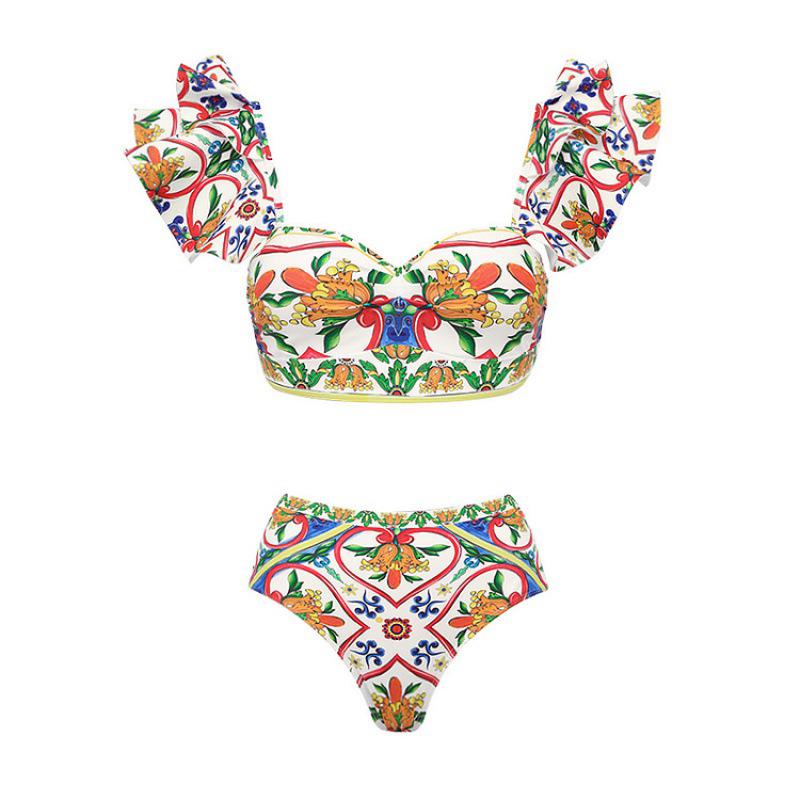 2024 European & American Women's Enamel Print Ruffle Swimsuit Set
