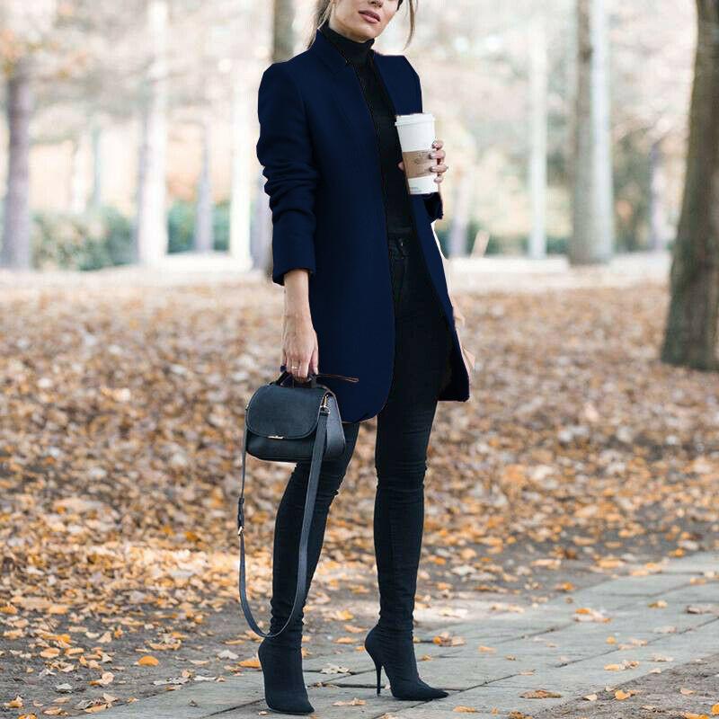 Women's Stand Collar Solid Color One Button Long Sleeve Mid Length Wool Blend Coat Casual Open Front Jacket