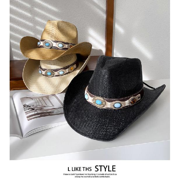 Western cowboy style straw hat for women, summer wide-brimmed hiking sun hat, ethnic style knight hat, men's sun protection hat