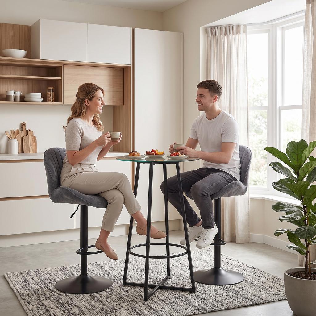 Bar Stools, Set of 2, Adjustable Height, 360 Swivel, Padded Seat, Backrest, Footrest, Grey