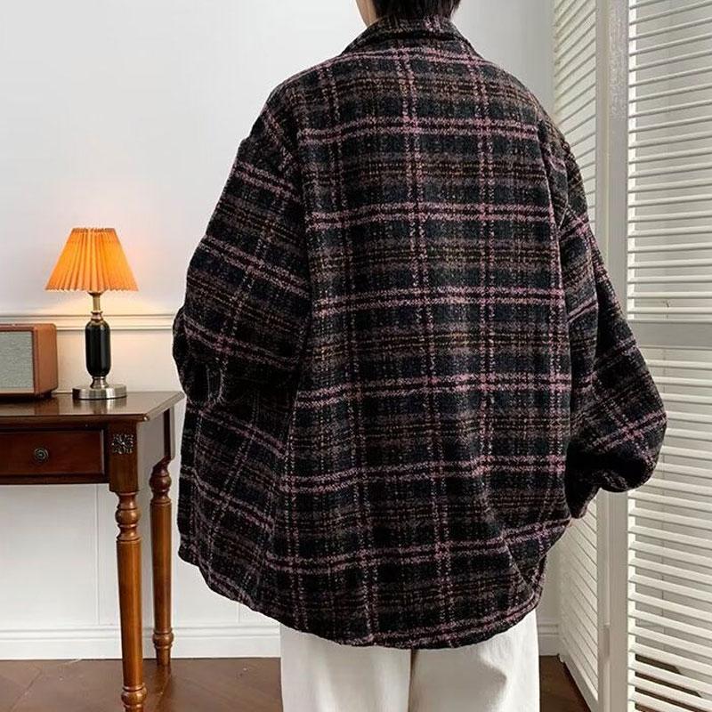 Japan Style Plaid Vintage Coats Men's Clothing Turn-down Collar Autumn Winter New Stylish Pockets Patchwork Casual Loose