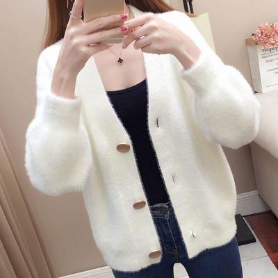 Women Mink Fleece Knitted Cardigan Jacket Pink Spring And Autumn Korean Sweater Femme Short Loose White Jacket Female