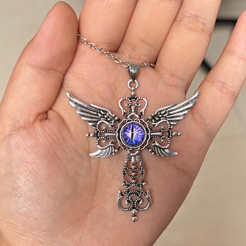 Natural Blue Devil's Eye Pendant Jewelry Creative Devil Wings Cross Necklace Necklace