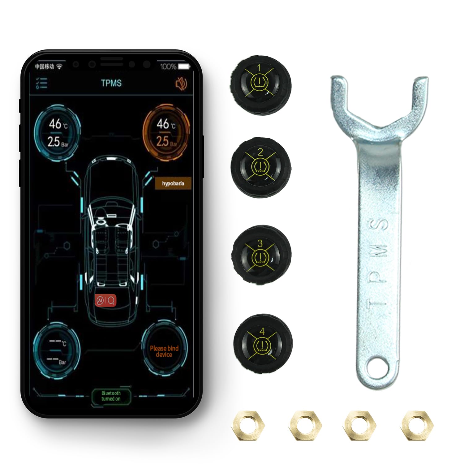 

Tire Pressure Monitoring System with 4 External Sensors TPMS Real-time Display with Alarm Modes Bluetooth 5.0 Support iOS and Android, 4 Extra Coin чёрный