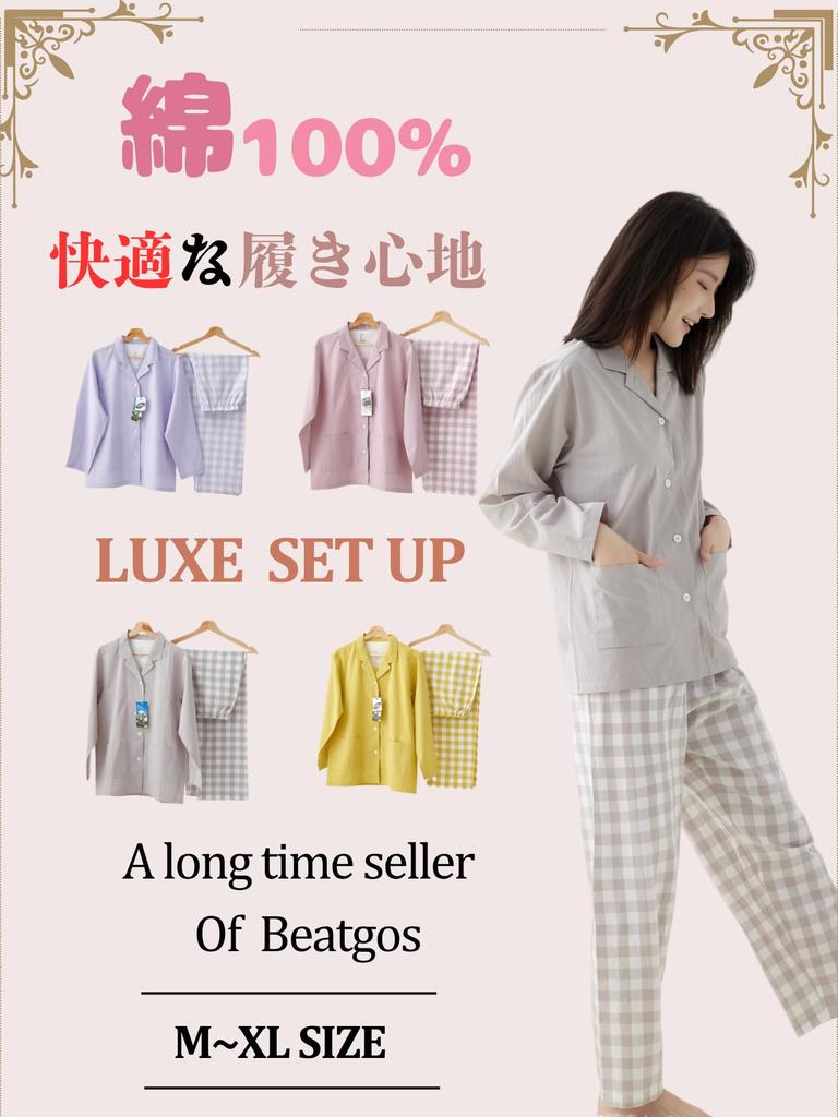 Beatgos Women's Short Sleeve Summer Pajamas, 100% Cotton, Open Front, Loungewear, Relaxing (Hikawa Ash (Long Sleeve), Size M)