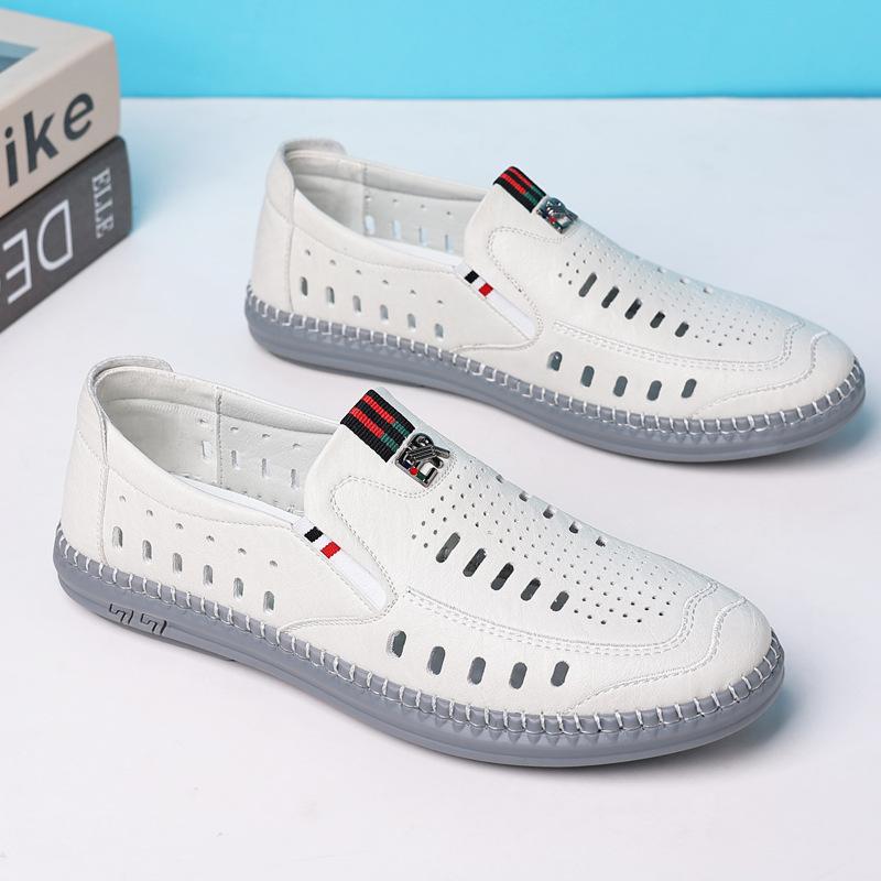 2025 summer popular men's sandals genuine leather business hollow punching men's shoes soft sole hole dad leather shoes white