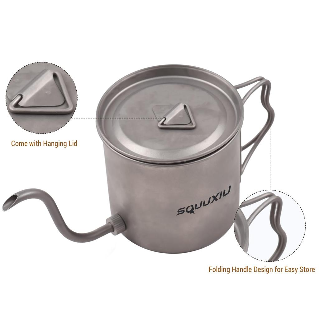 SOUUXIU Titanium Coffee Gooseneck Folding Drip with Lid Pot, 400ml, Spout, Handle, Ultralight, Outdoor-Friendly, Kettle, Odorless,
