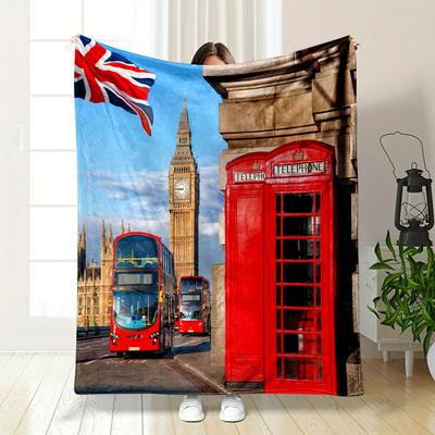 London Landmarks: Big Ben & Red Phone Box Patterned Flannel Blanket Perfect for the Bedroom Living Room, Sofa, or a Little Nap