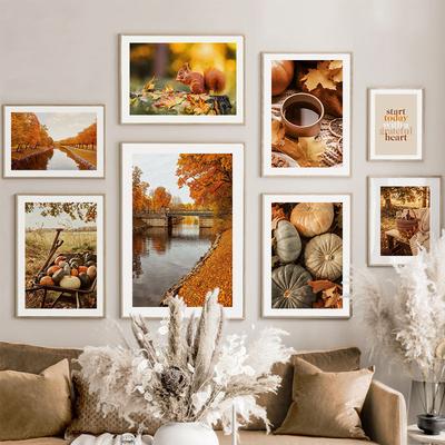 Autumn River Forest Pumpkin Coffee Squirrel Landscape Posters And Prints Wall Art Canvas Painting Pictures For Living Room Decor